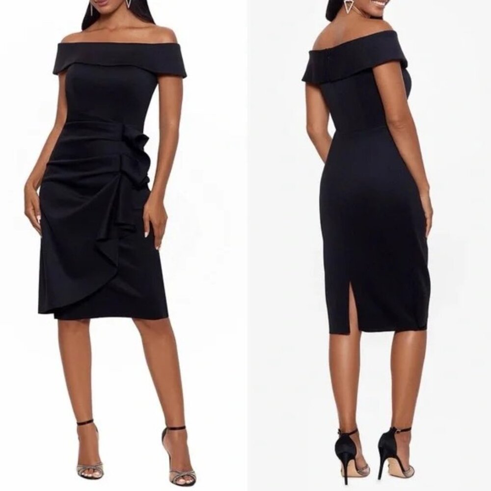 NWT, Xscape Off-the-Shoulder Cap Sleeve Sheath Ruched Side Scuba Dress, Size 14